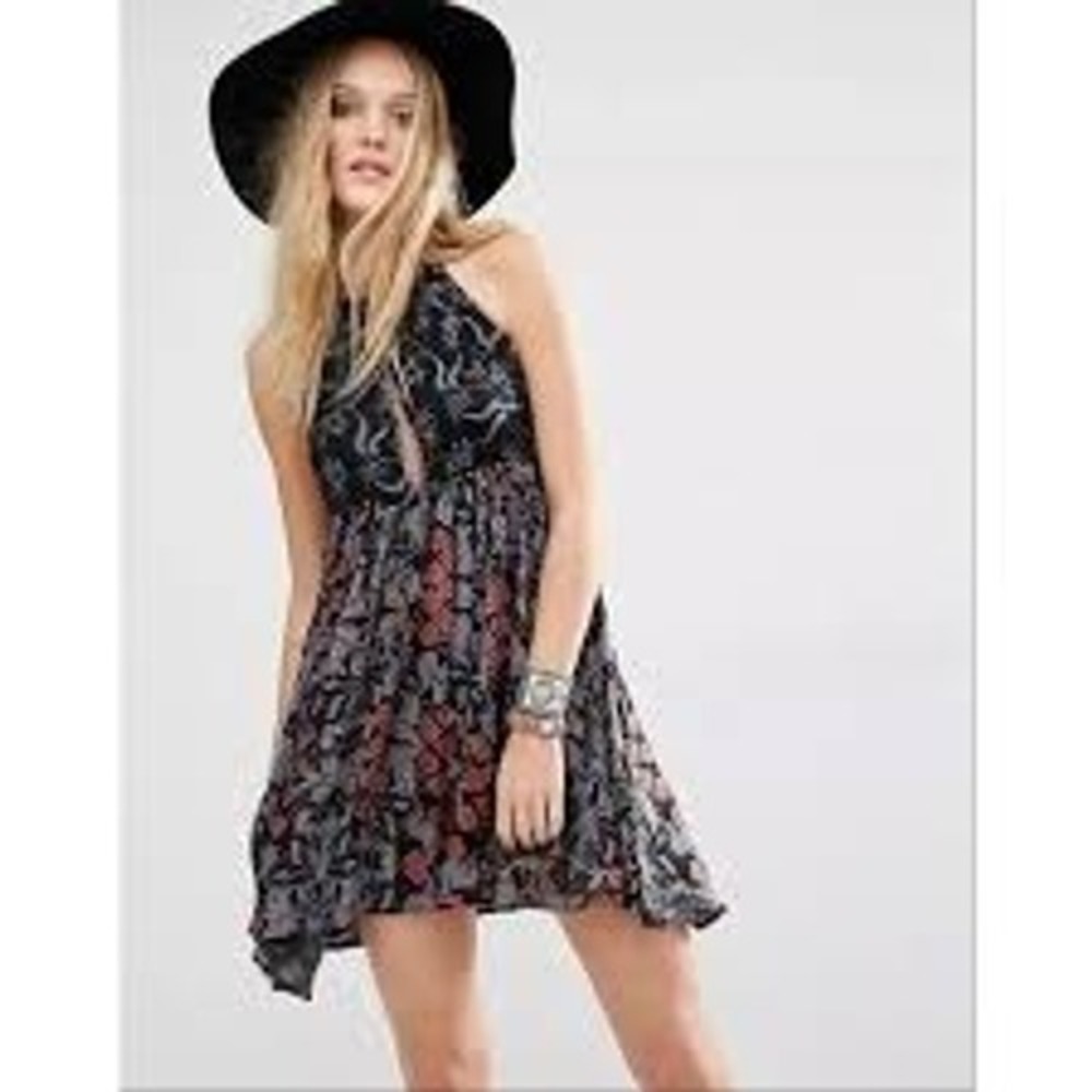 Free People Womens Mini Dress S Black Floral Intimately Halter Neck Slip Dress